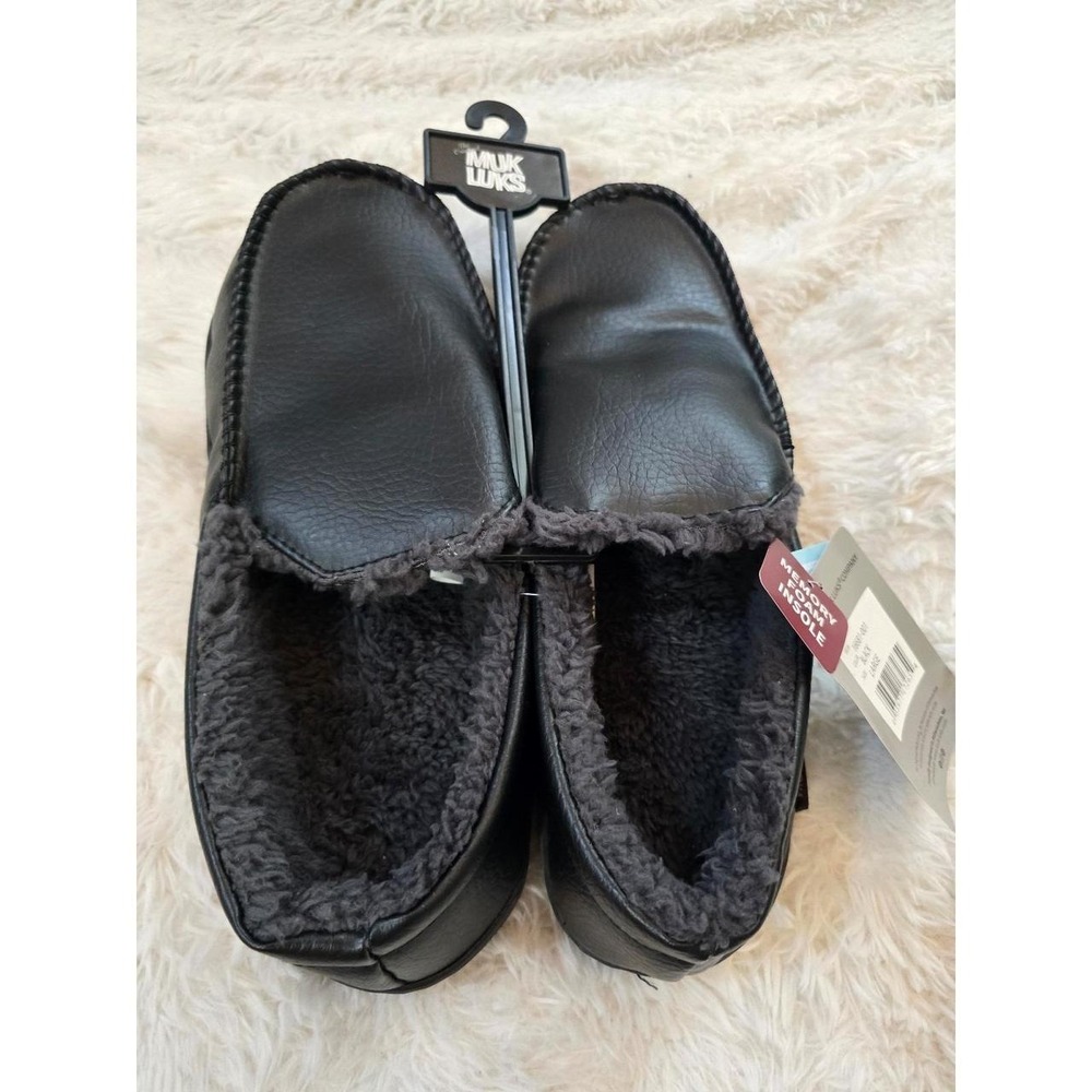 NWT MUK LUKS Men's Mark Moccasin Slippers Large 11/12 Black Memory Foam